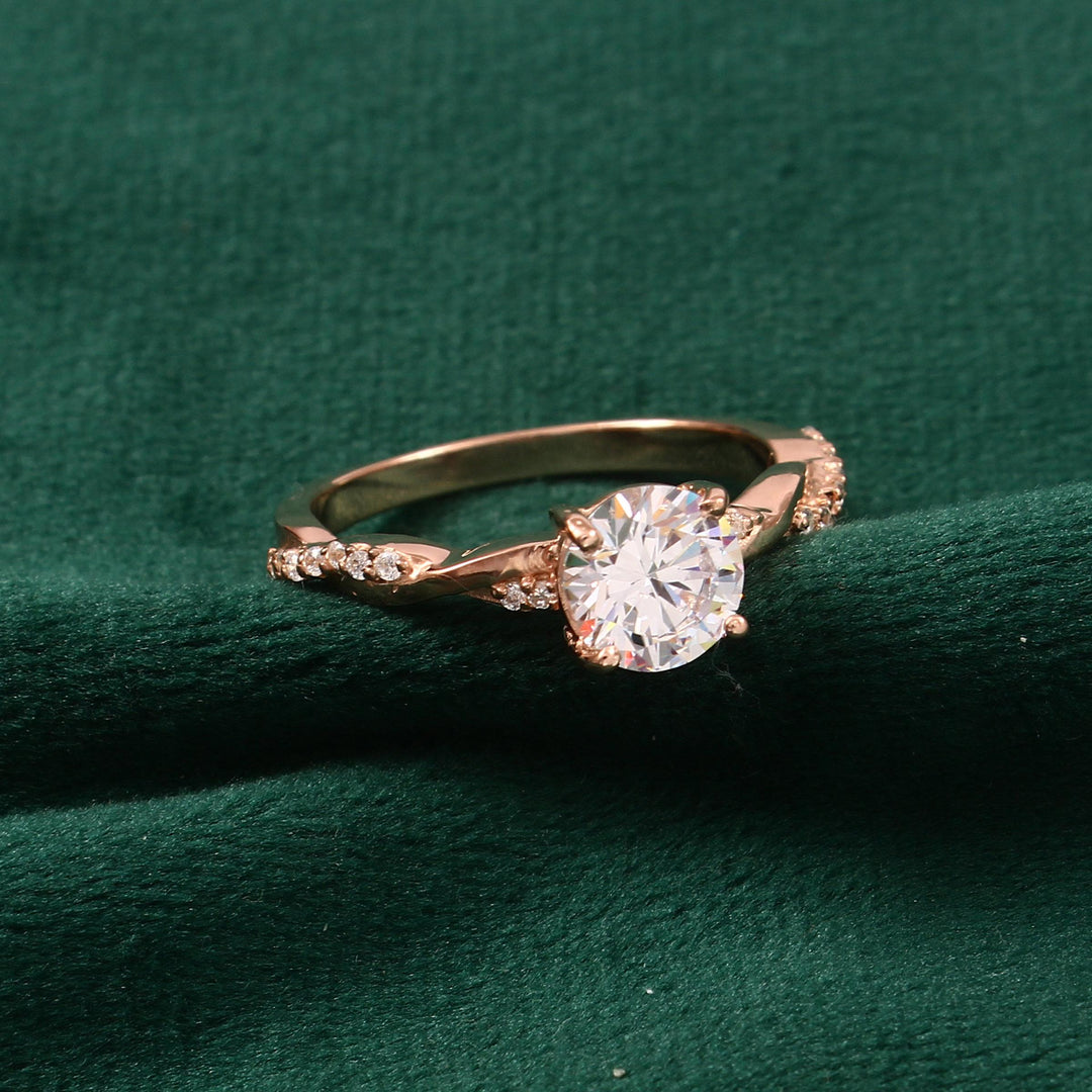 Round Moissanite Engagement Ring: 14K Solid Gold Twisted Dainty Promise Wedding Ring Gift