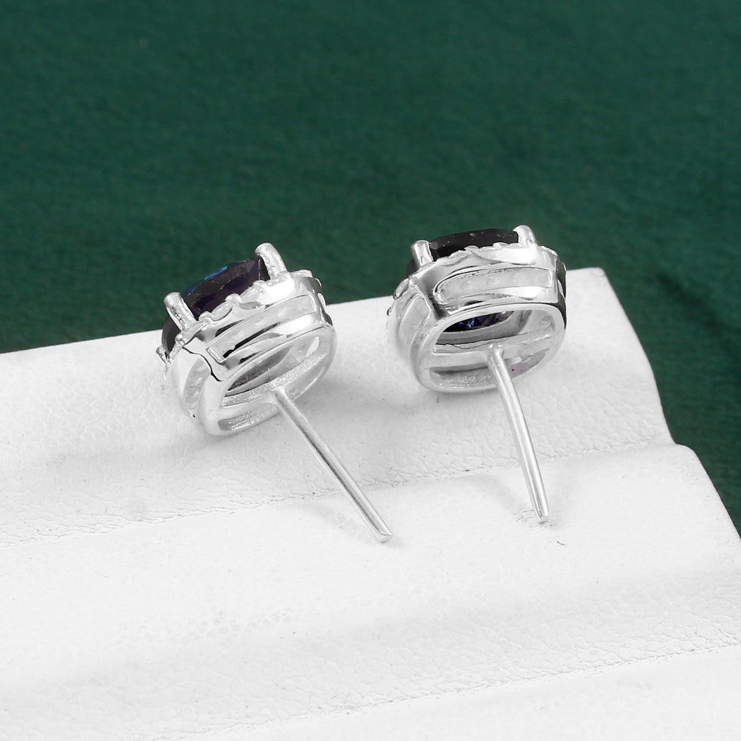 Lab Sapphire Stud Earrings, 925 Sterling Silver, Rhodium Plated, 7mm Gemstone