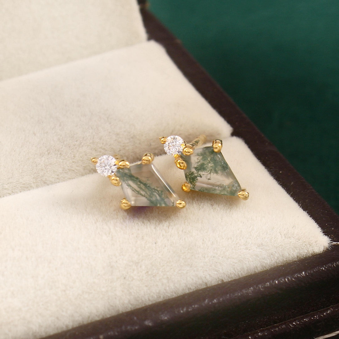 14K Gold Moss Agate Stud Earrings: Kite Piercing