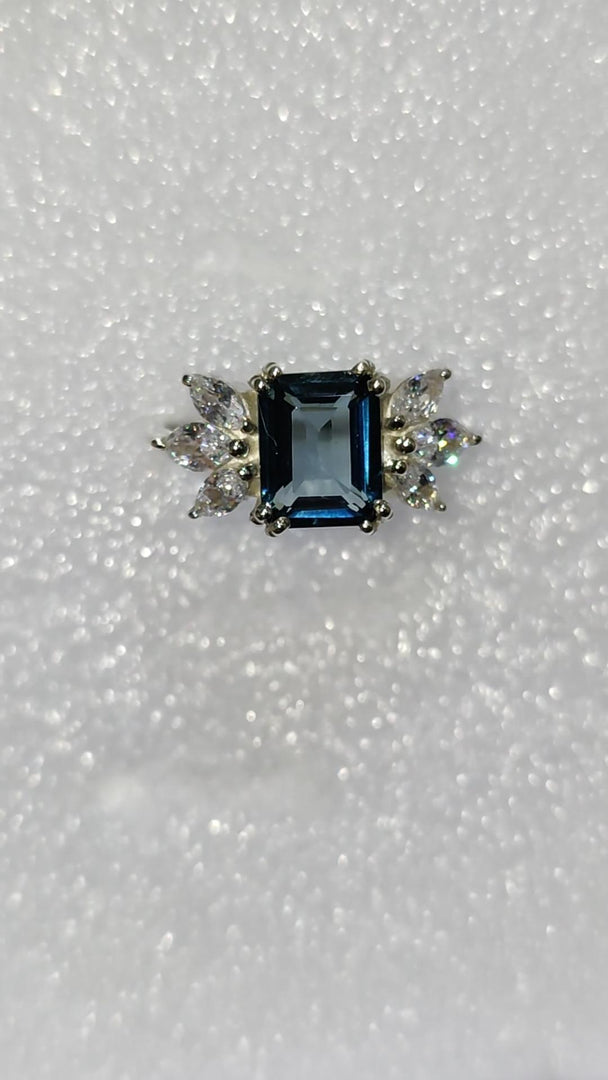 Emerald Cut London Blue Topaz Ring, Sterling Silver, Marquise Side Stones