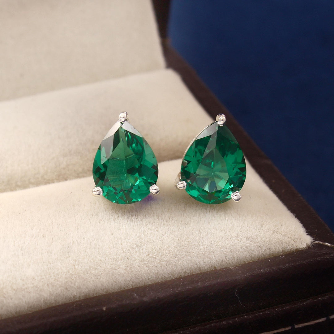 Pear Cut Emerald Stud Earrings | 925 Sterling Silver | May Birthstone Jewelry