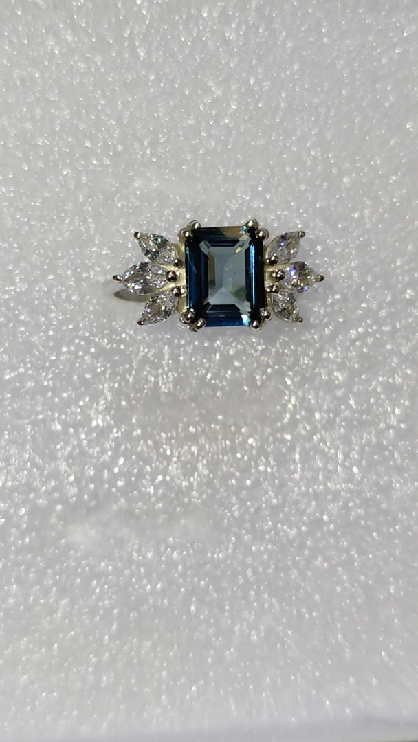 Emerald Cut London Blue Topaz Ring, Sterling Silver, Marquise Side Stones