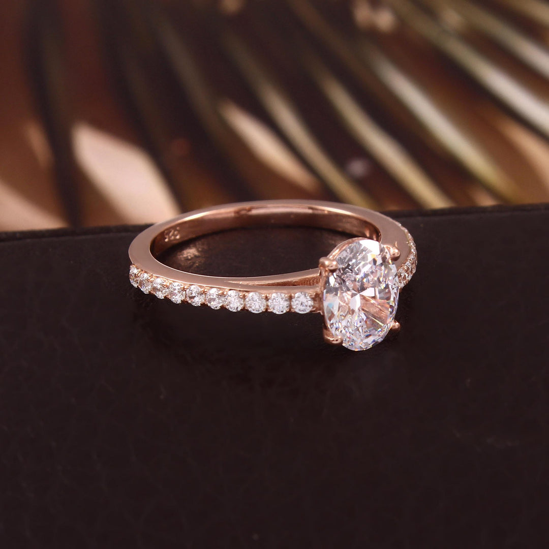 Oval Moissanite Solitaire Ring, 14K Gold Pavé Band, Anniversary Gift