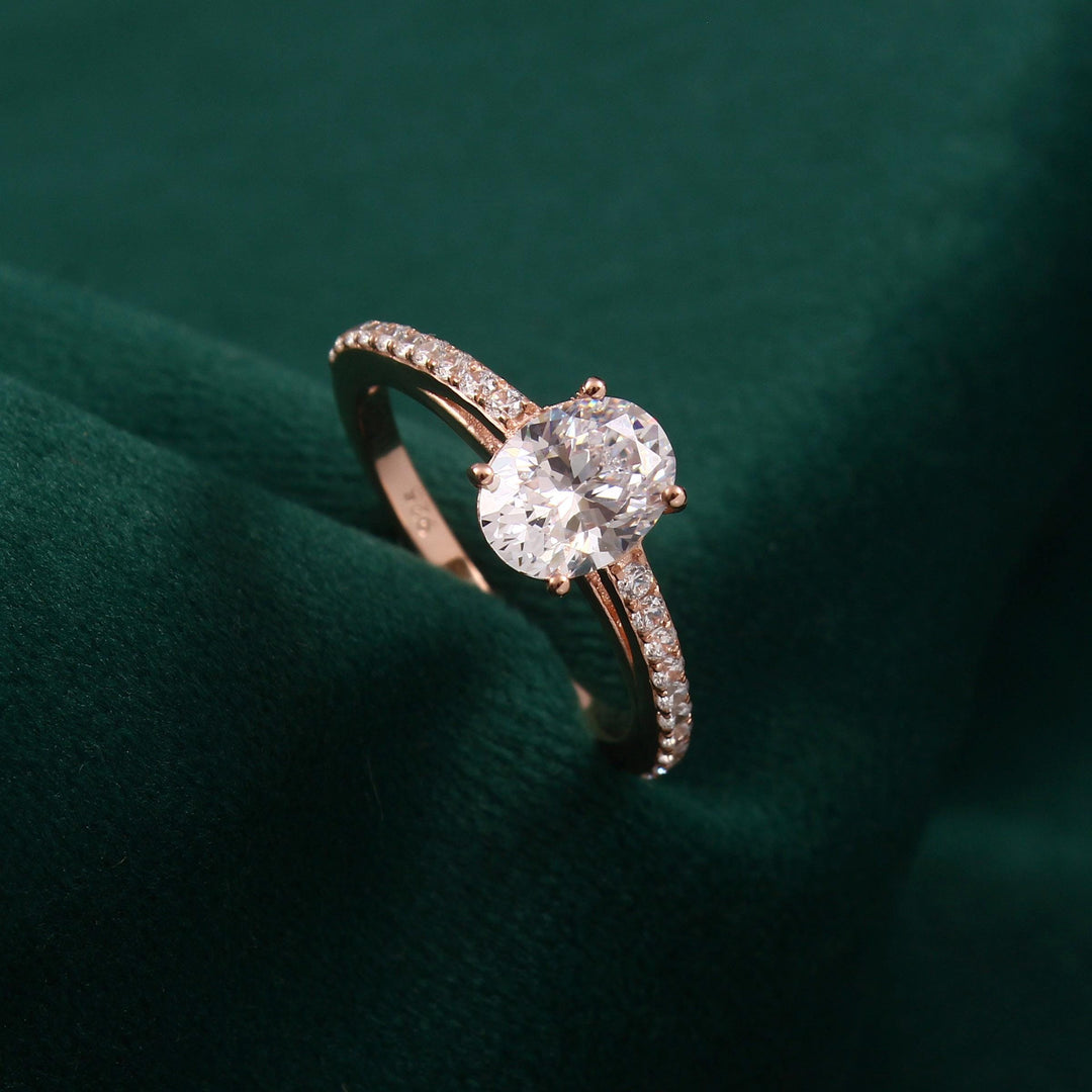 Oval Moissanite Solitaire Ring, 14K Gold Pavé Band, Anniversary Gift