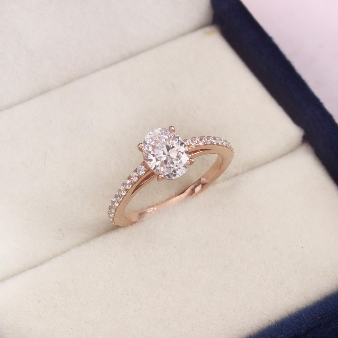 Oval Moissanite Solitaire Ring, 14K Gold Pavé Band, Anniversary Gift