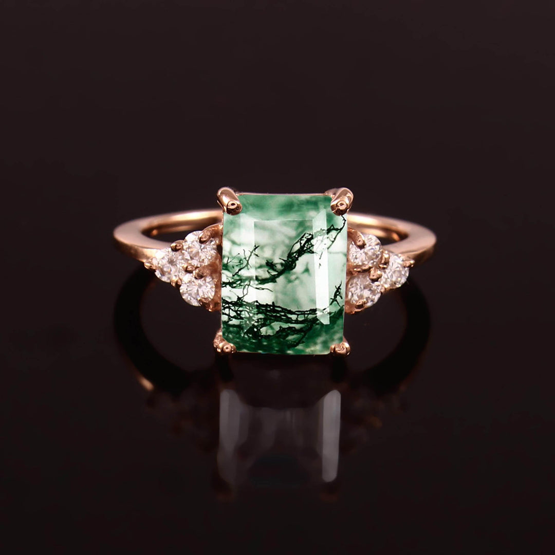 Emerald Cut Moss Agate Ring: 925 Sterling Silver, Simulated Diamond Accents