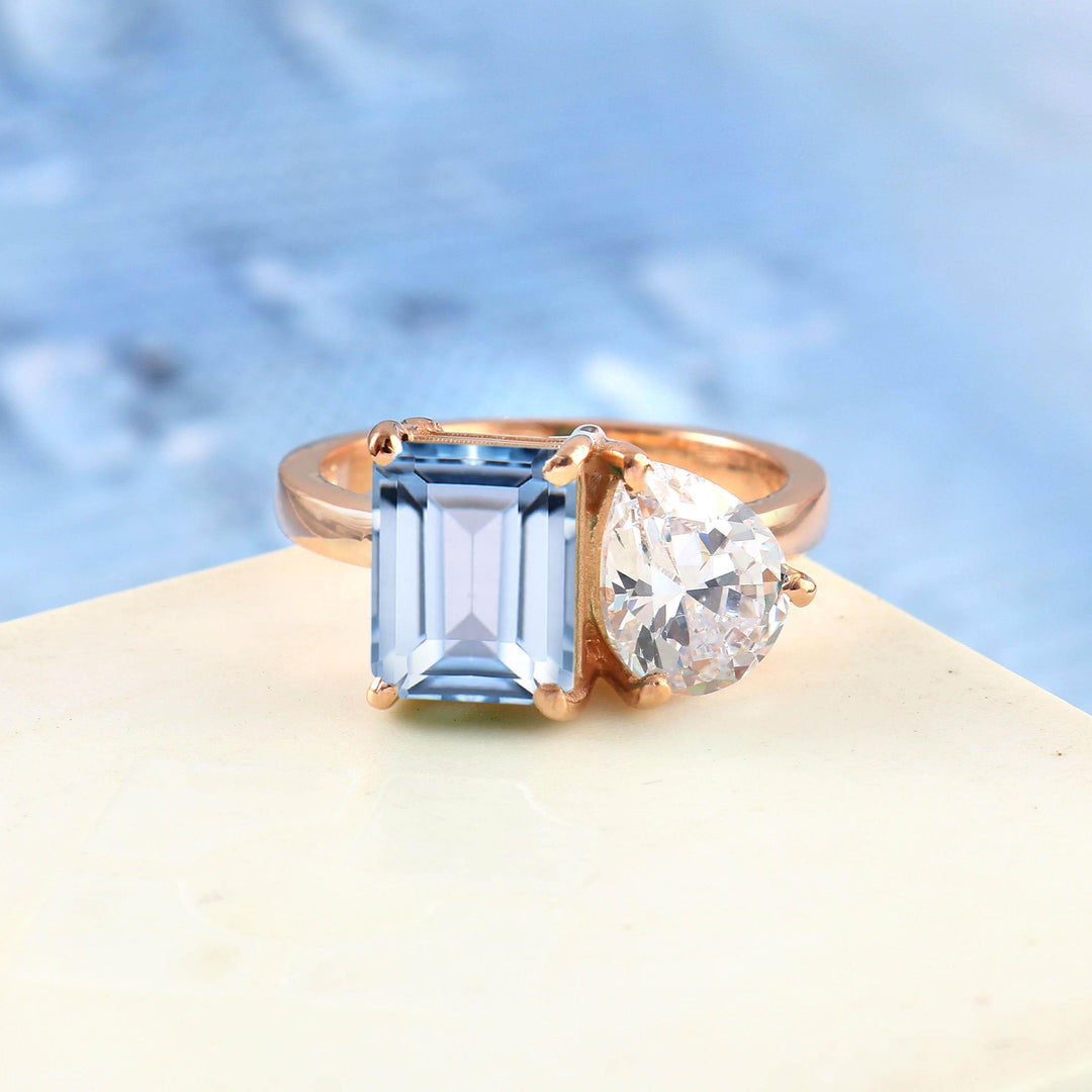 Toi Et Moi Aquamarine Diamond Ring – 925 Sterling Silver Bridal Promise