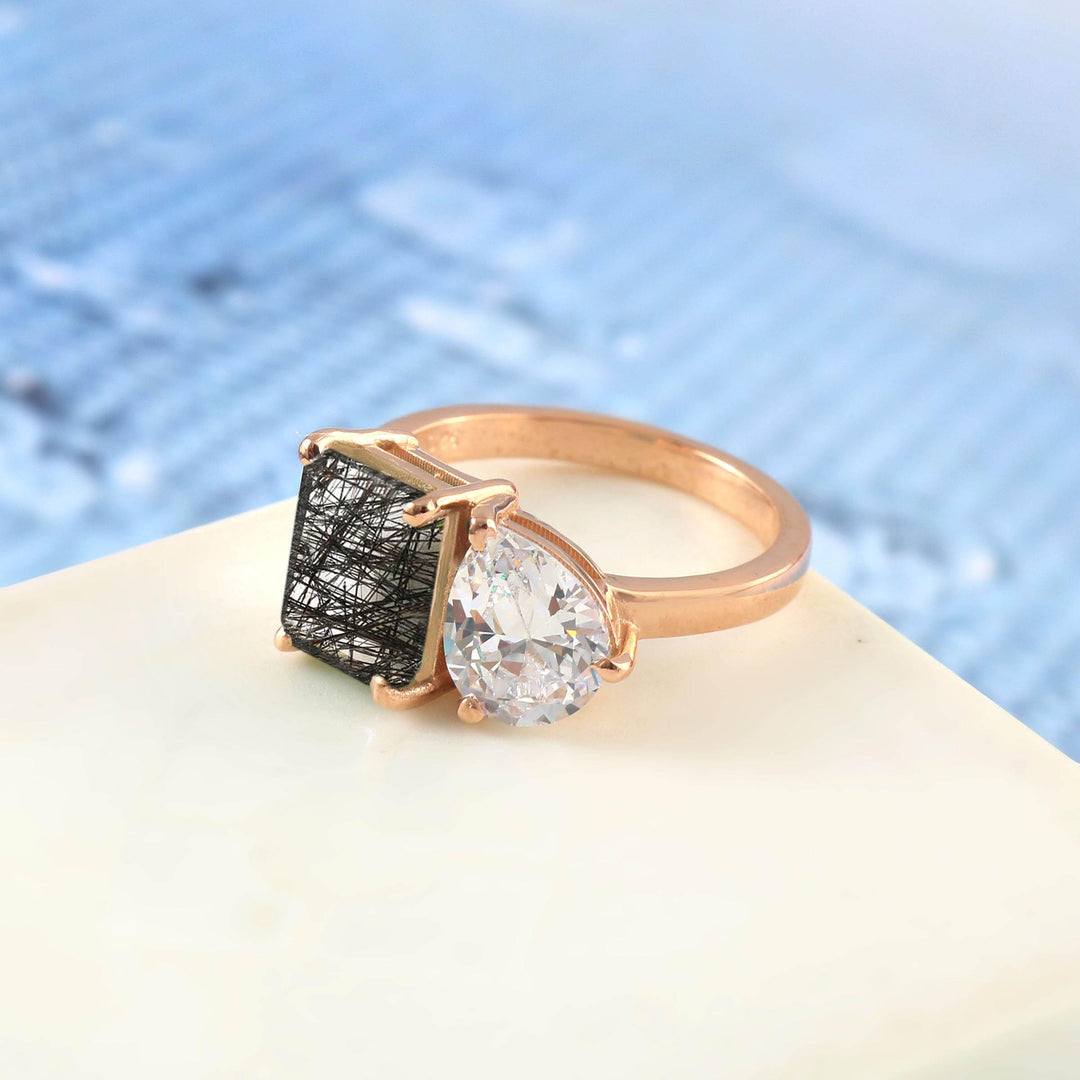 Unique Rutile Quartz Ring, Two Stone Ring, Mother Daughter Ring, Unique family Birthstone Ring, Spouse Dual Birthstone Ring, Toi Et Moi Ring