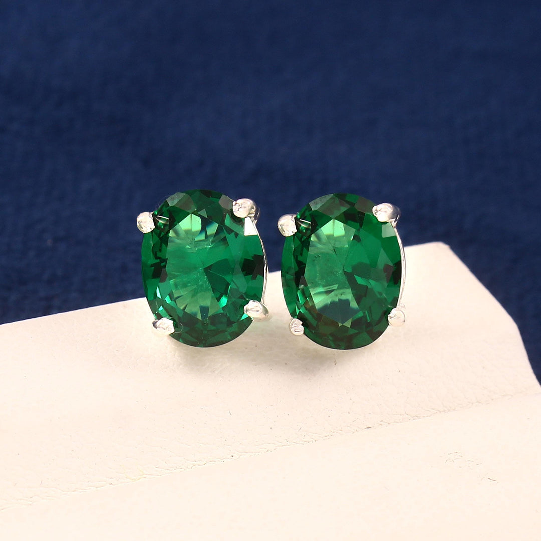 Oval Lab Emerald Stud Earrings, 925 Sterling Silver, May Birthstone Gift