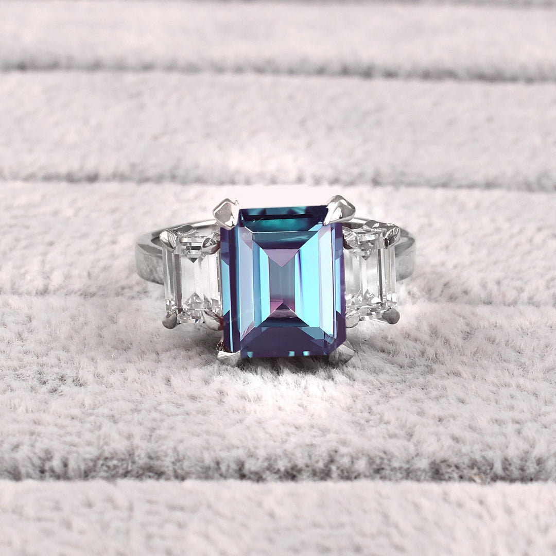 Alexandrite Ring: Sterling Silver, Emerald Cut, Simulated Diamonds