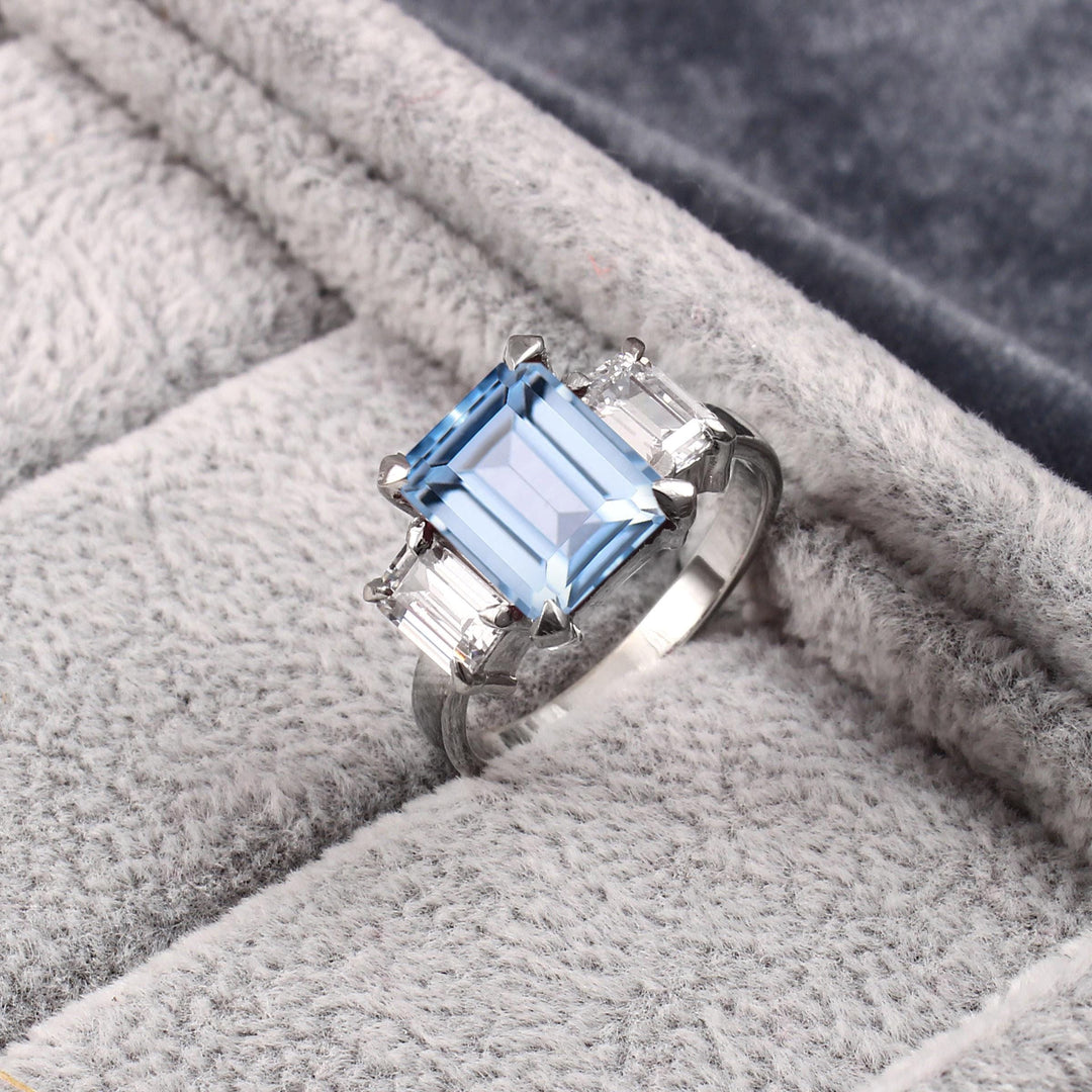 Emerald Cut Aquamarine Ring Rose Gold | 925 Sterling Silver Engagement Ring | March Birthstone Jewelry