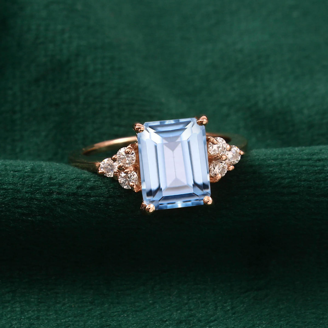 Emerald Cut Aquamarine Ring: Rose Gold Engagement Ring, Sterling Silver