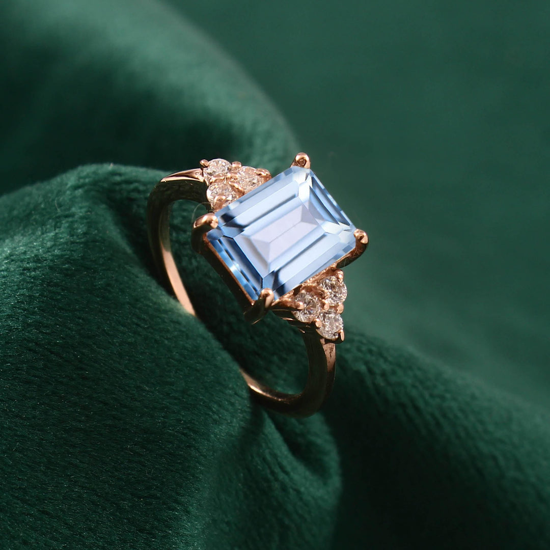 Emerald Cut Aquamarine Ring: Rose Gold Engagement Ring, Sterling Silver