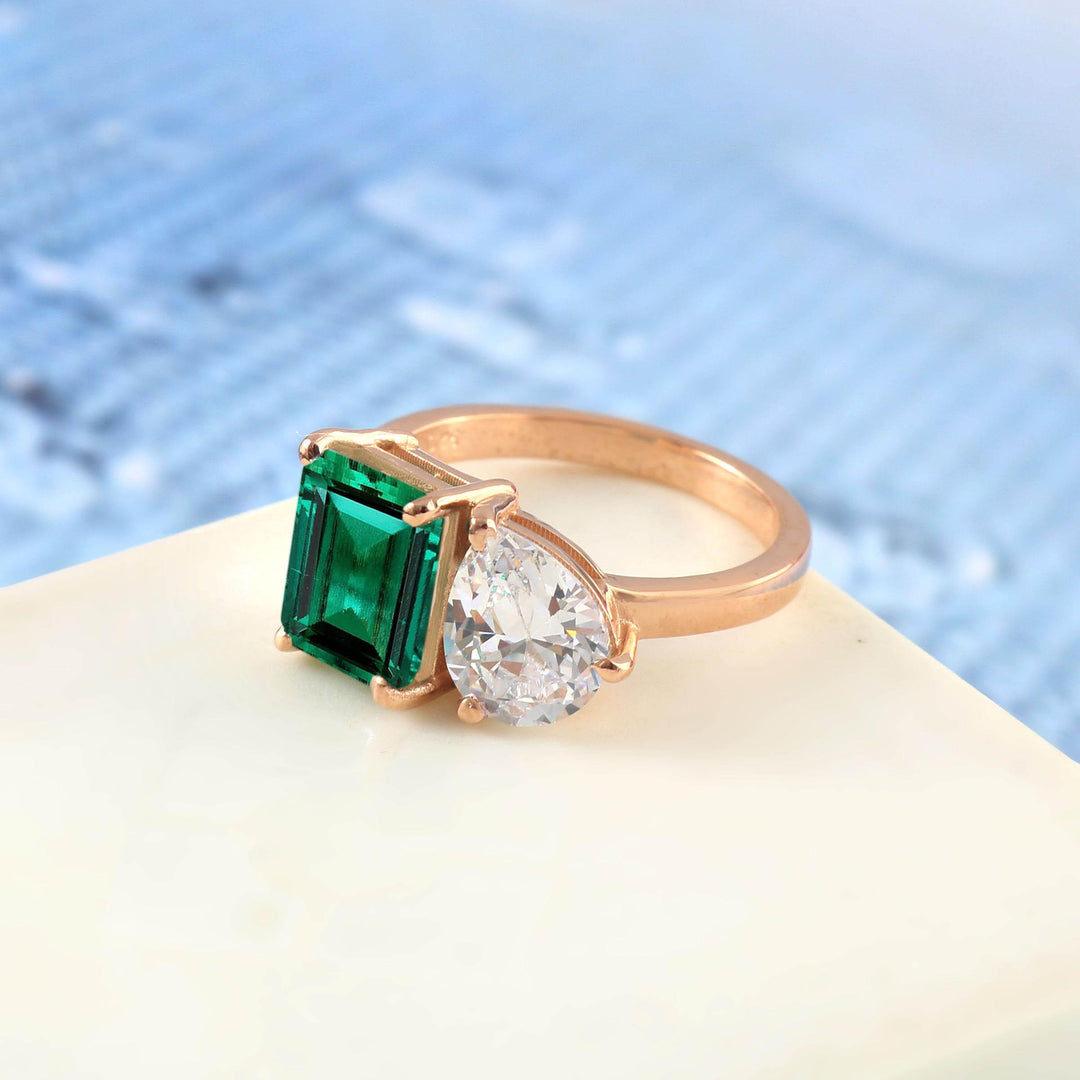 Toi et Moi Emerald, 14K Gold Lab Emerald Statement, Promise Ring