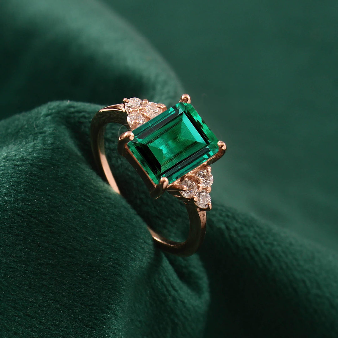 Genuine Emerald Gold Ring, 14K Gold Vermeil Lab Emerald Engagement Ring, Statement Ring, Birthday gift for her