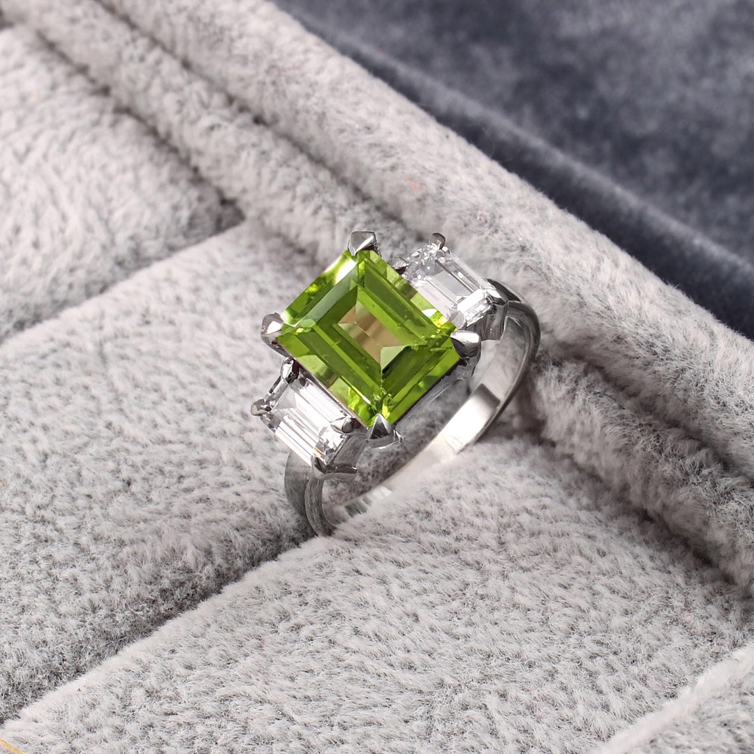 Emerald Cut Peridot Ring: 925 Sterling Silver, Simulated Diamond Accents