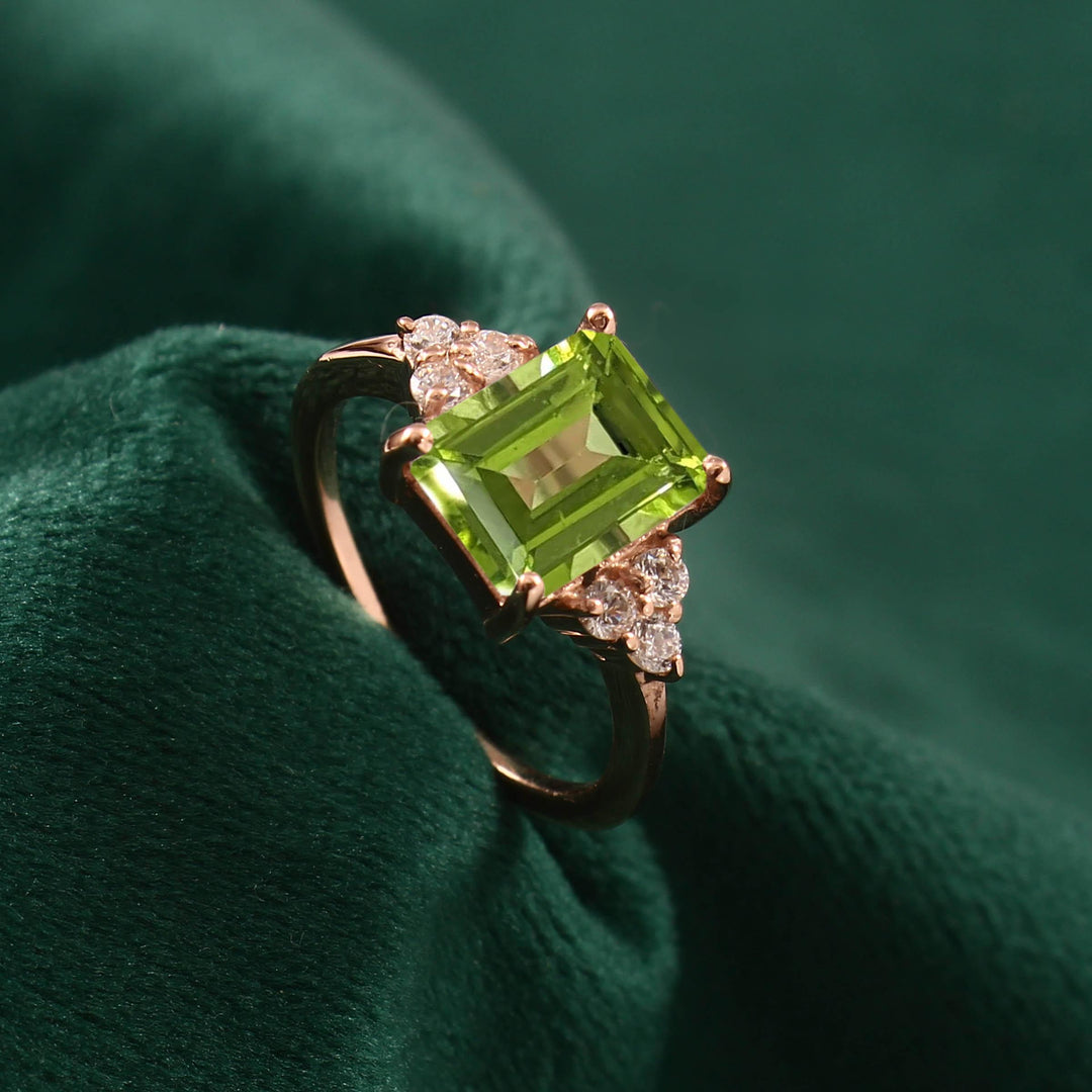 Emerald Cut Peridot Ring: Sterling Silver Green Stone Engagement Ring