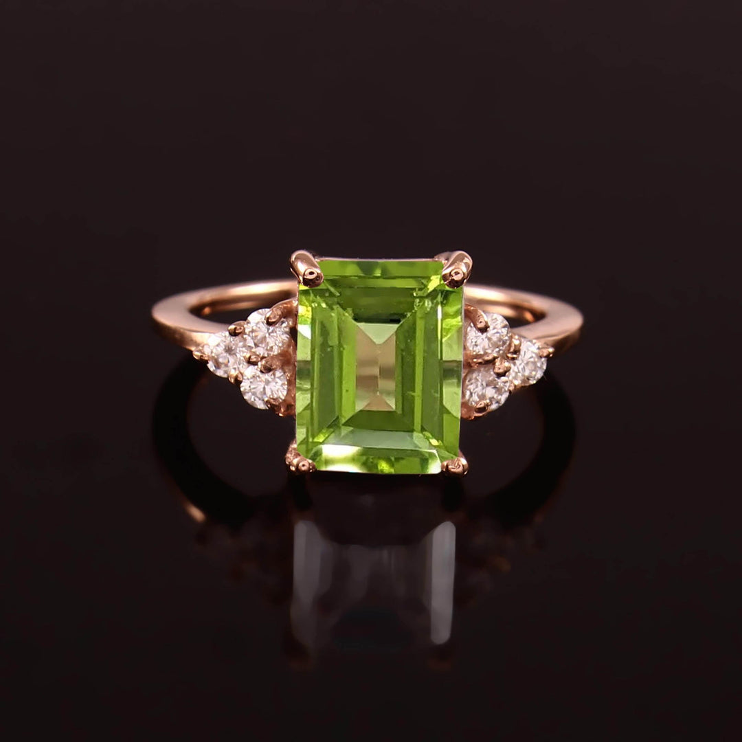 Emerald Cut Peridot Ring: Sterling Silver Green Stone Engagement Ring