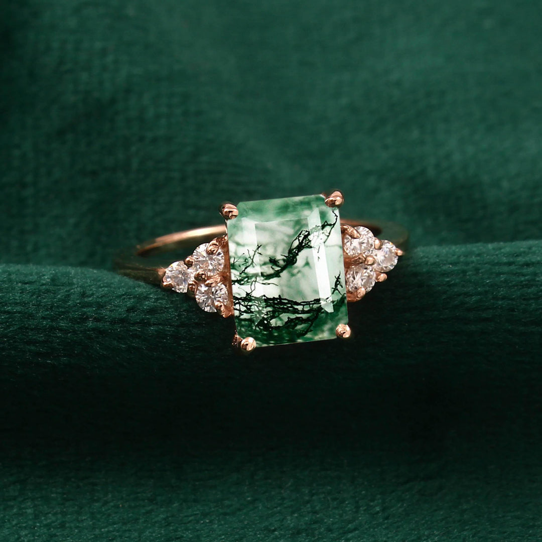 Emerald Cut Moss Agate Ring: 925 Sterling Silver, Simulated Diamond Accents