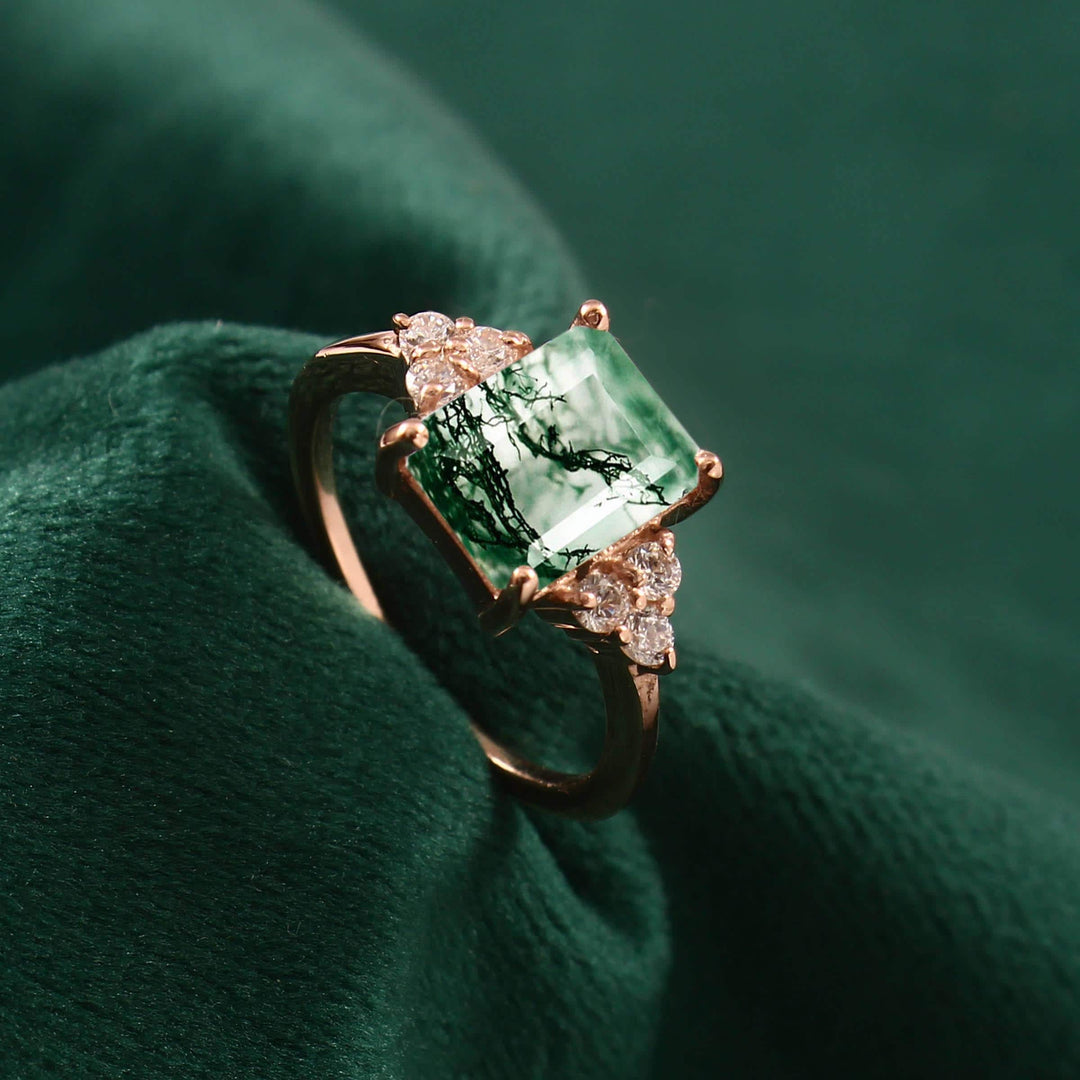 Emerald Cut Moss Agate Ring: 925 Sterling Silver, Simulated Diamond Accents