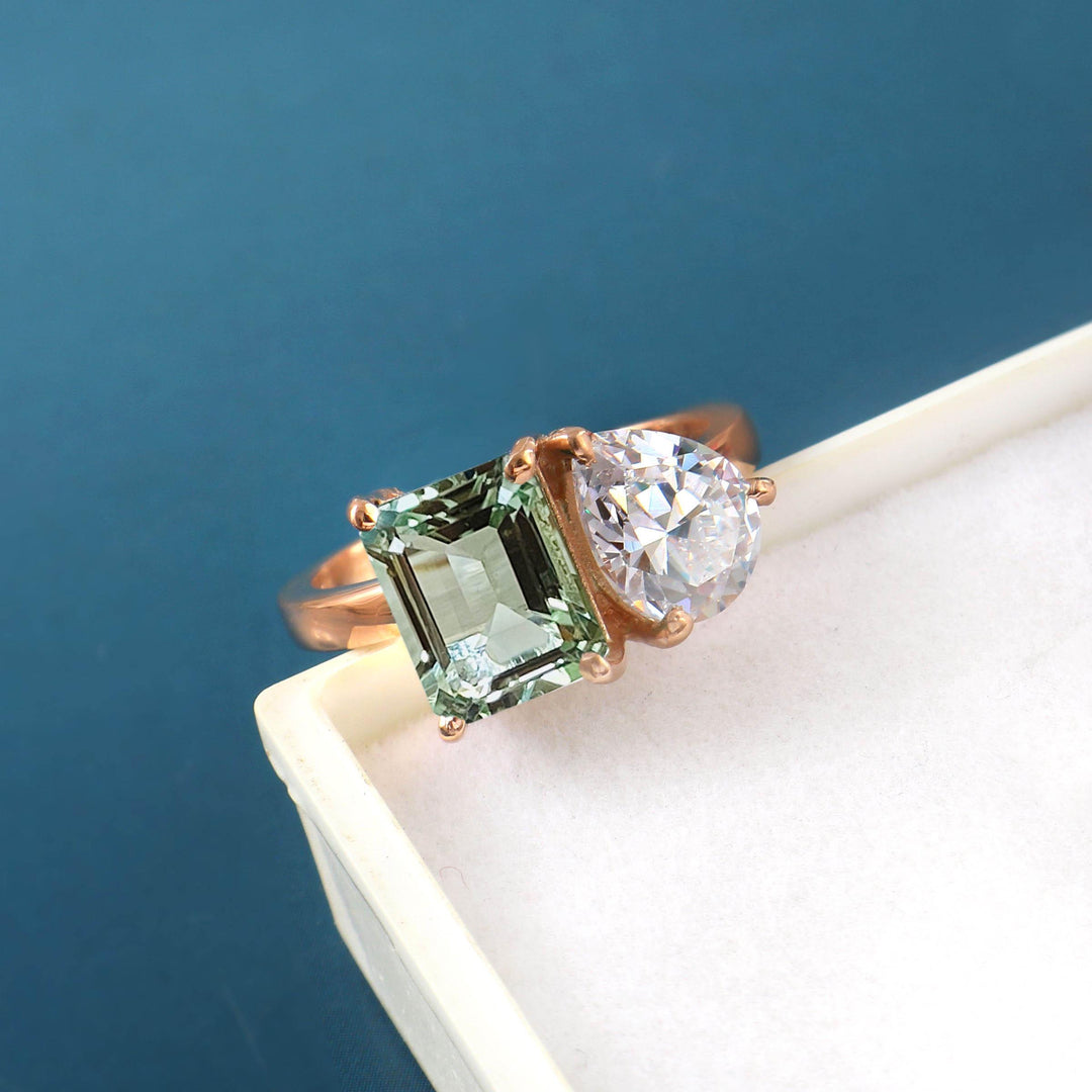 Emerald Cut Green Amethyst Ring, 14K Gold Three Stone, Natural Prasiolite Engagement Ring