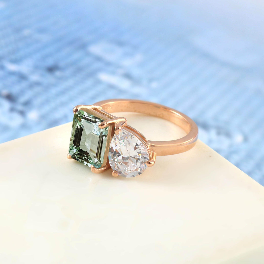 Emerald Cut Green Amethyst Ring, 14K Gold Three Stone, Natural Prasiolite Engagement Ring