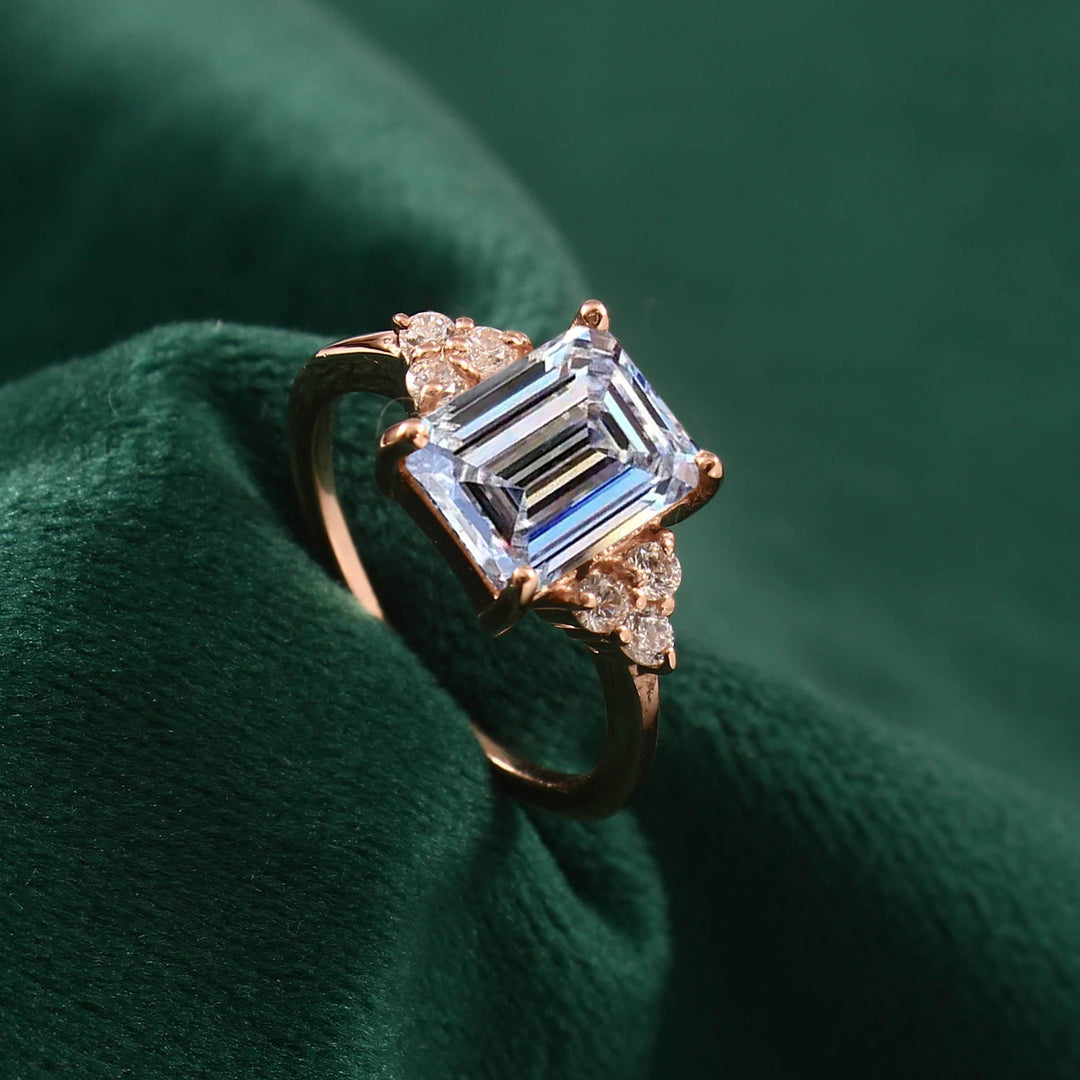 Emerald Cut Moissanite Engagement Ring, 14K Solid Gold Art Deco Bridal Solitaire Wedding Ring