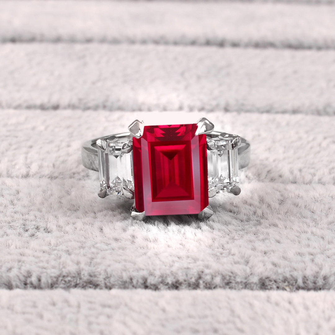 Emerald Cut Ruby Ring, Sterling Silver, Rectangle Natural Ruby, Gold Accent, Prong Set