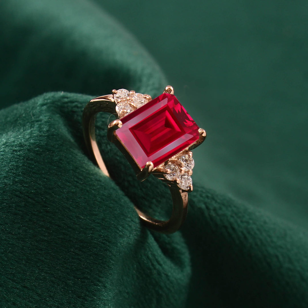 Emerald Cut Ruby Engagement Ring, 14k Gold Solitaire CZ, Prong Set Simulated Promise Ring
