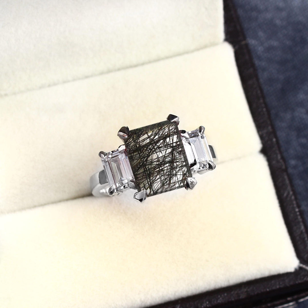 Emerald Cut Black Rutile Quartz Ring: Sterling Silver Solitaire