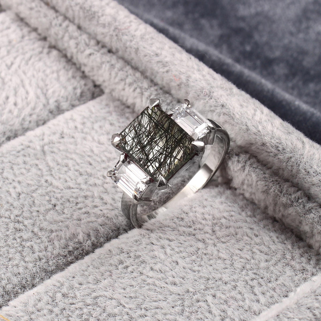 Emerald Cut Black Rutile Quartz Ring: Sterling Silver Solitaire