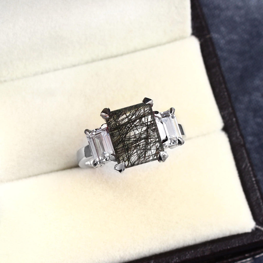 Emerald Cut Black Rutile Quartz Ring: Sterling Silver Solitaire