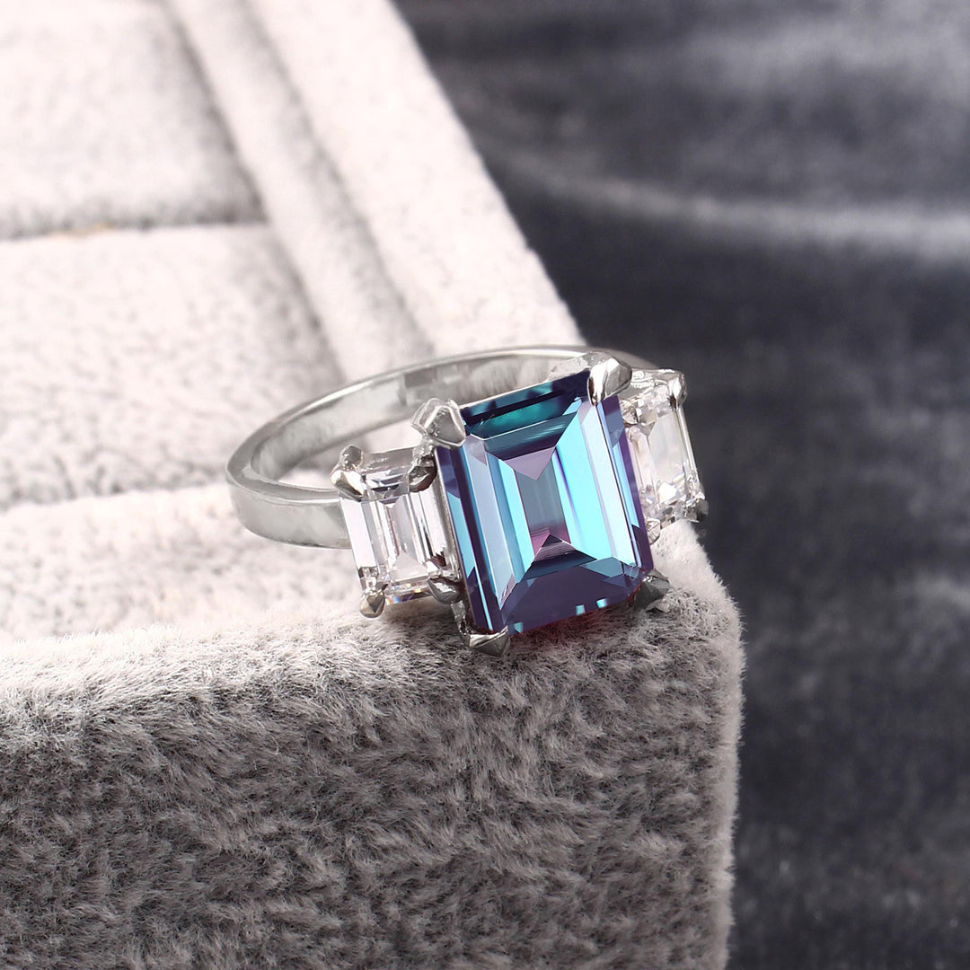 Alexandrite Ring: Sterling Silver, Emerald Cut, Simulated Diamonds