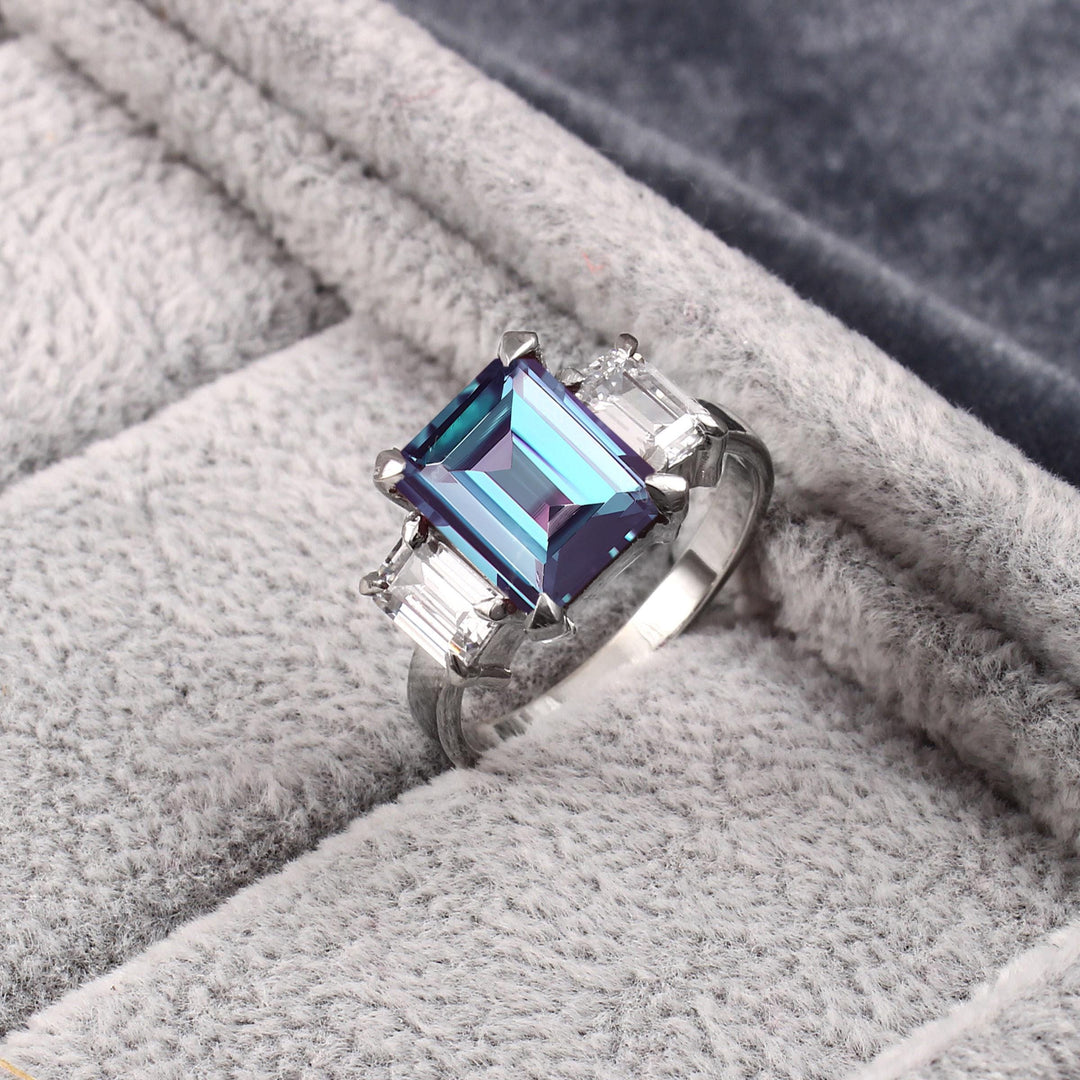 Alexandrite Ring: Sterling Silver, Emerald Cut, Simulated Diamonds
