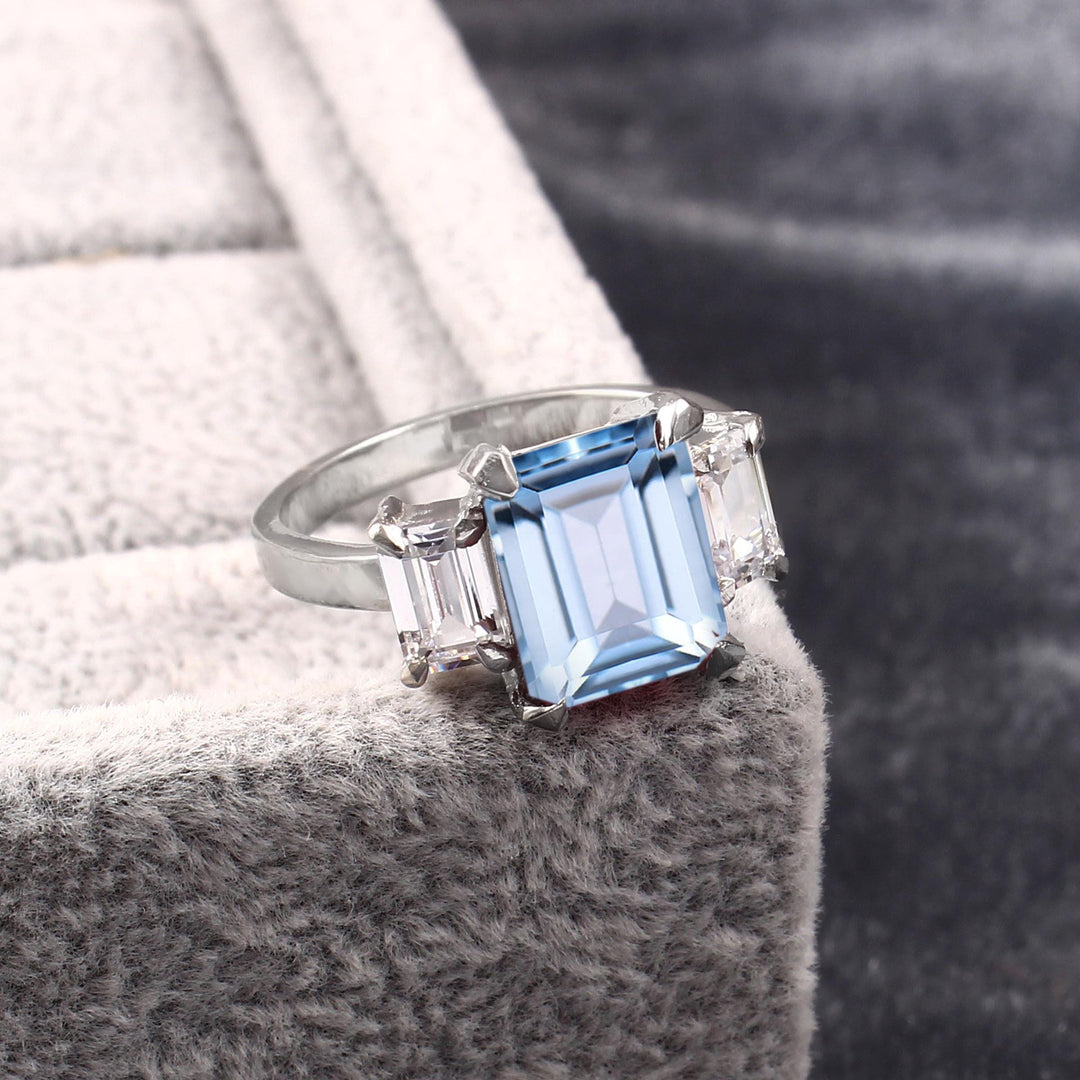 Emerald Cut Aquamarine Ring Rose Gold | 925 Sterling Silver Engagement Ring | March Birthstone Jewelry