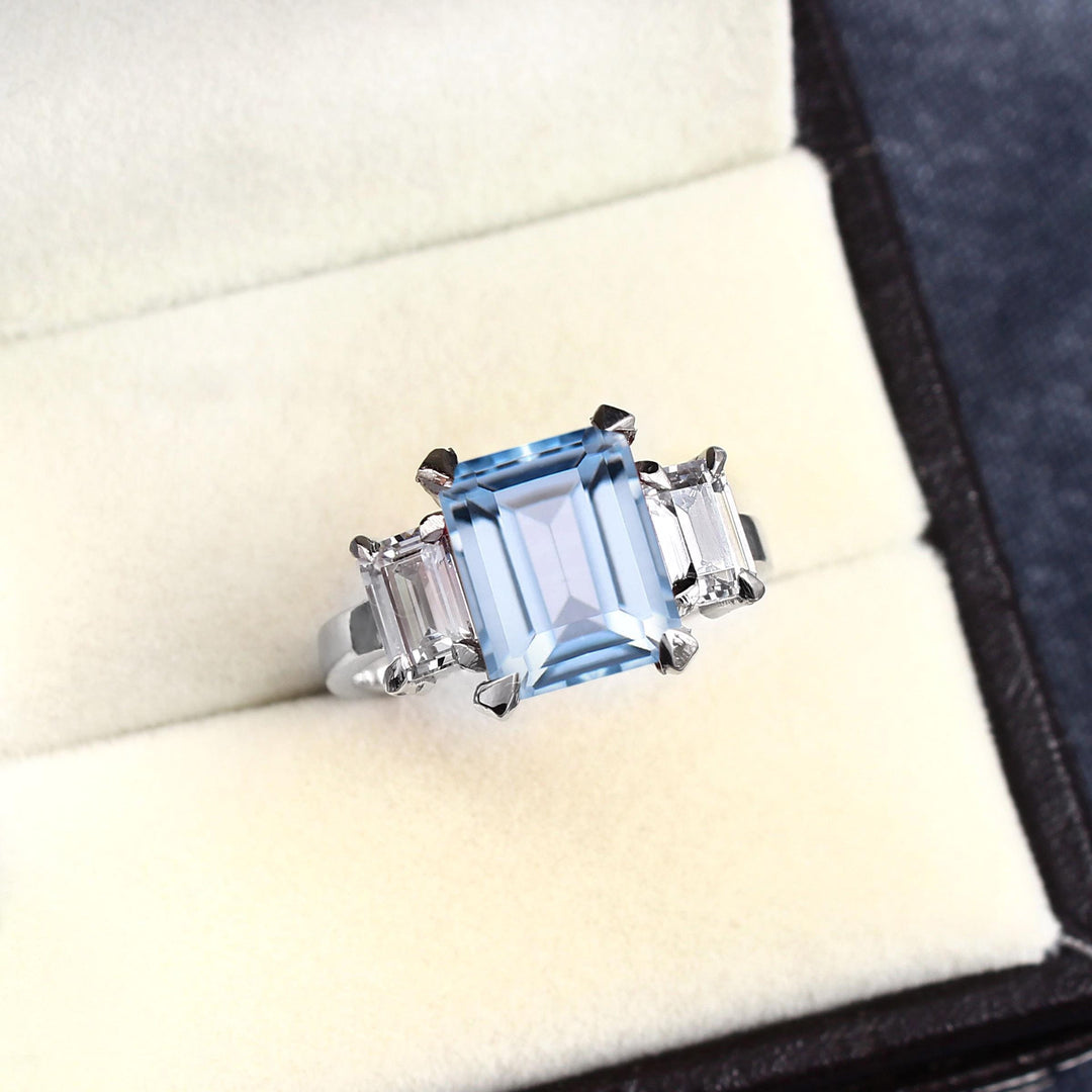 Emerald Cut Aquamarine Ring Rose Gold | 925 Sterling Silver Engagement Ring | March Birthstone Jewelry