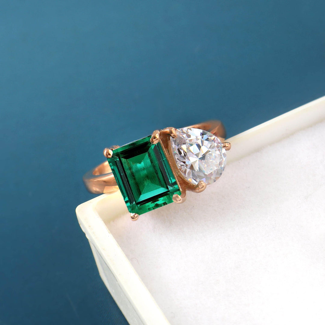 Toi et Moi Emerald, 14K Gold Lab Emerald Statement, Promise Ring