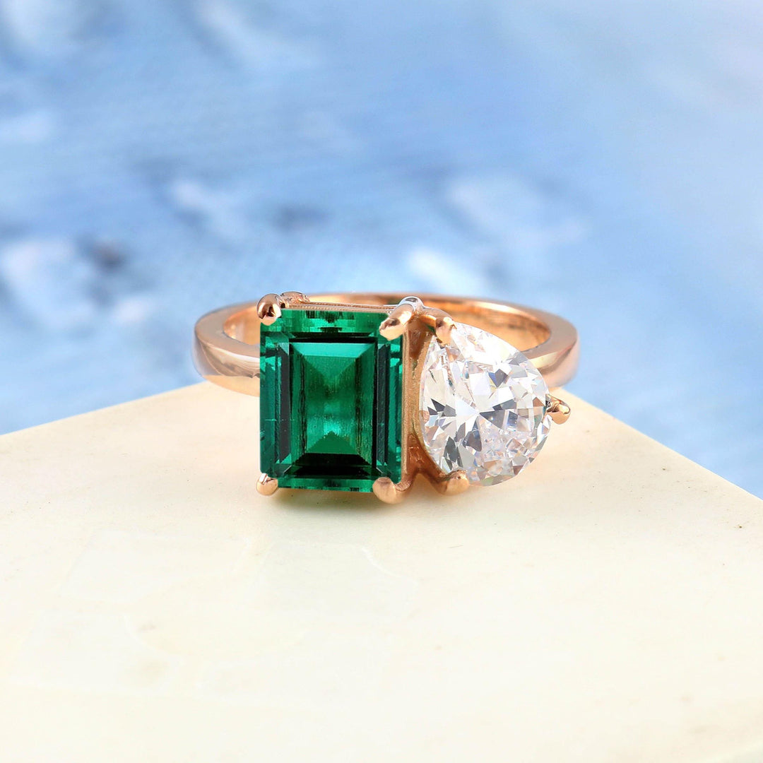 Toi et Moi Emerald, 14K Gold Lab Emerald Statement, Promise Ring