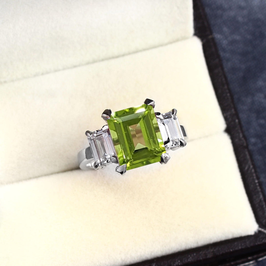 Emerald Cut Peridot Ring: 925 Sterling Silver, Simulated Diamond Accents