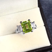 Emerald Cut Peridot Ring: 925 Sterling Silver, Simulated Diamond Accents