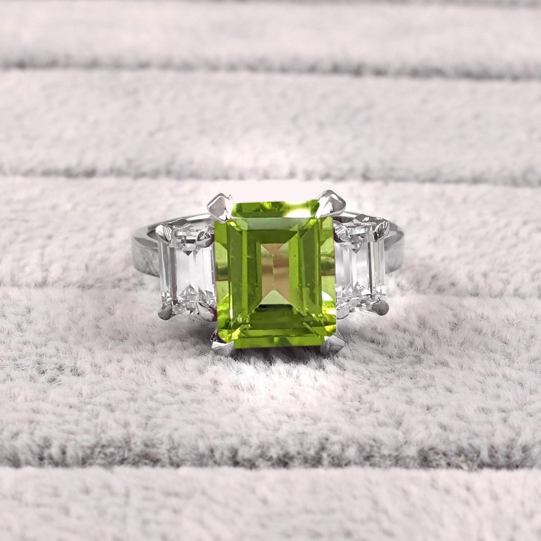Emerald Cut Peridot Ring: 925 Sterling Silver, Simulated Diamond Accents