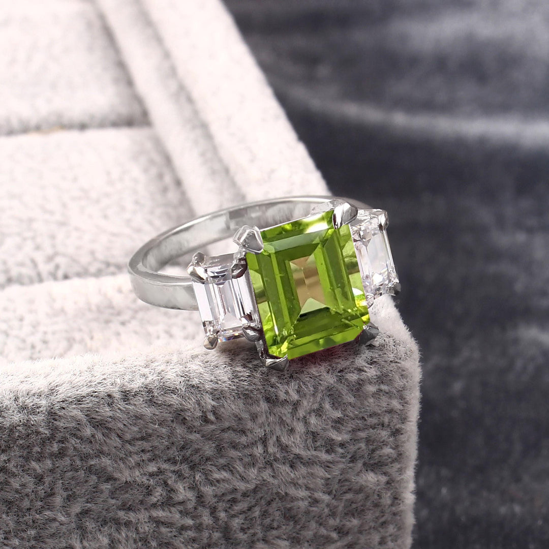 Emerald Cut Peridot Ring: 925 Sterling Silver, Simulated Diamond Accents
