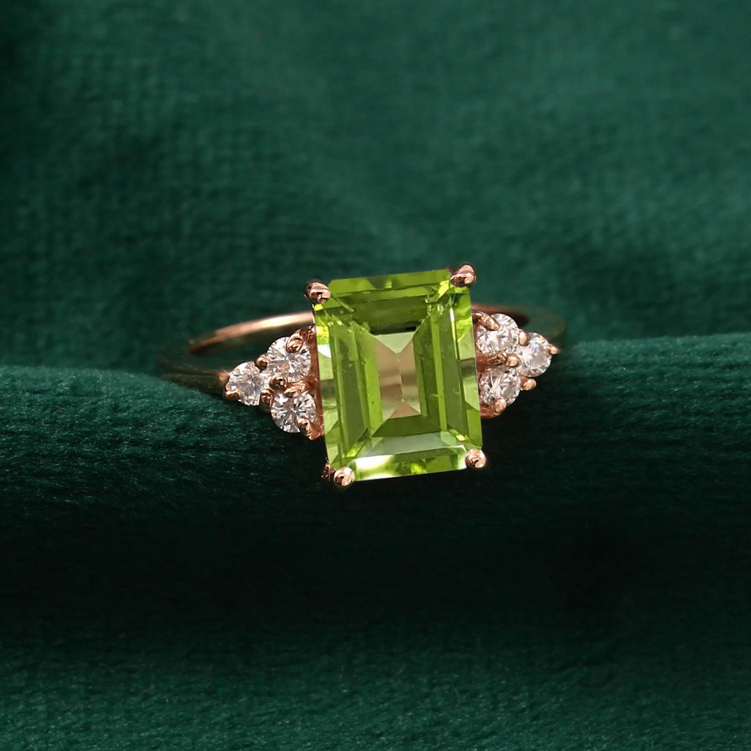 Emerald Cut Peridot Ring: Sterling Silver Green Stone Engagement Ring