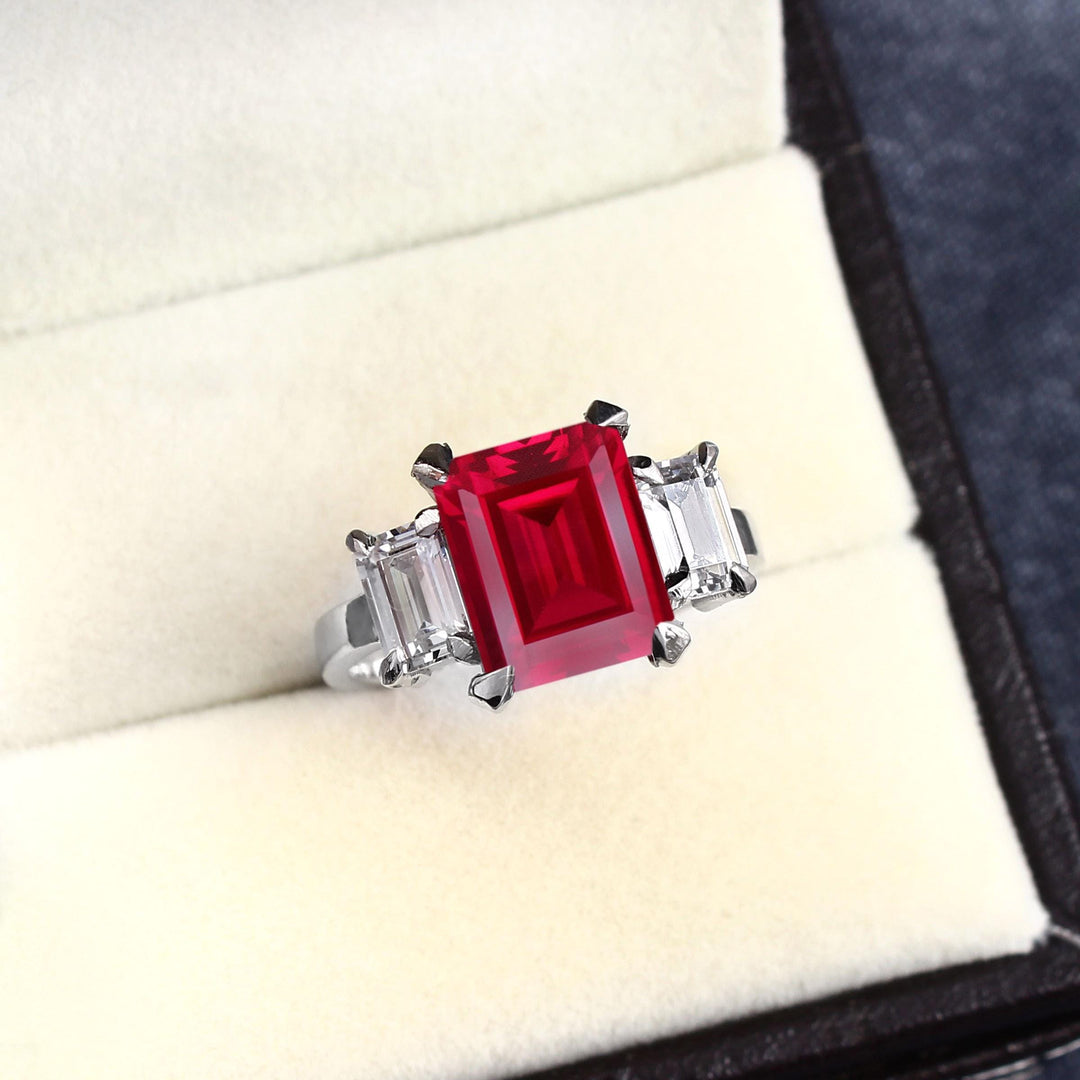 Emerald Cut Ruby Ring, Sterling Silver, Rectangle Natural Ruby, Gold Accent, Prong Set