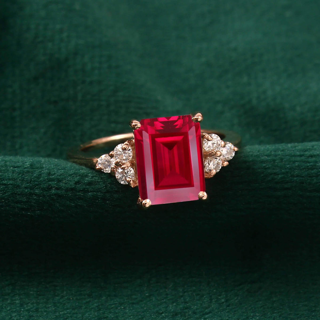 Emerald Cut Ruby Engagement Ring, 14k Gold Solitaire CZ, Prong Set Simulated Promise Ring