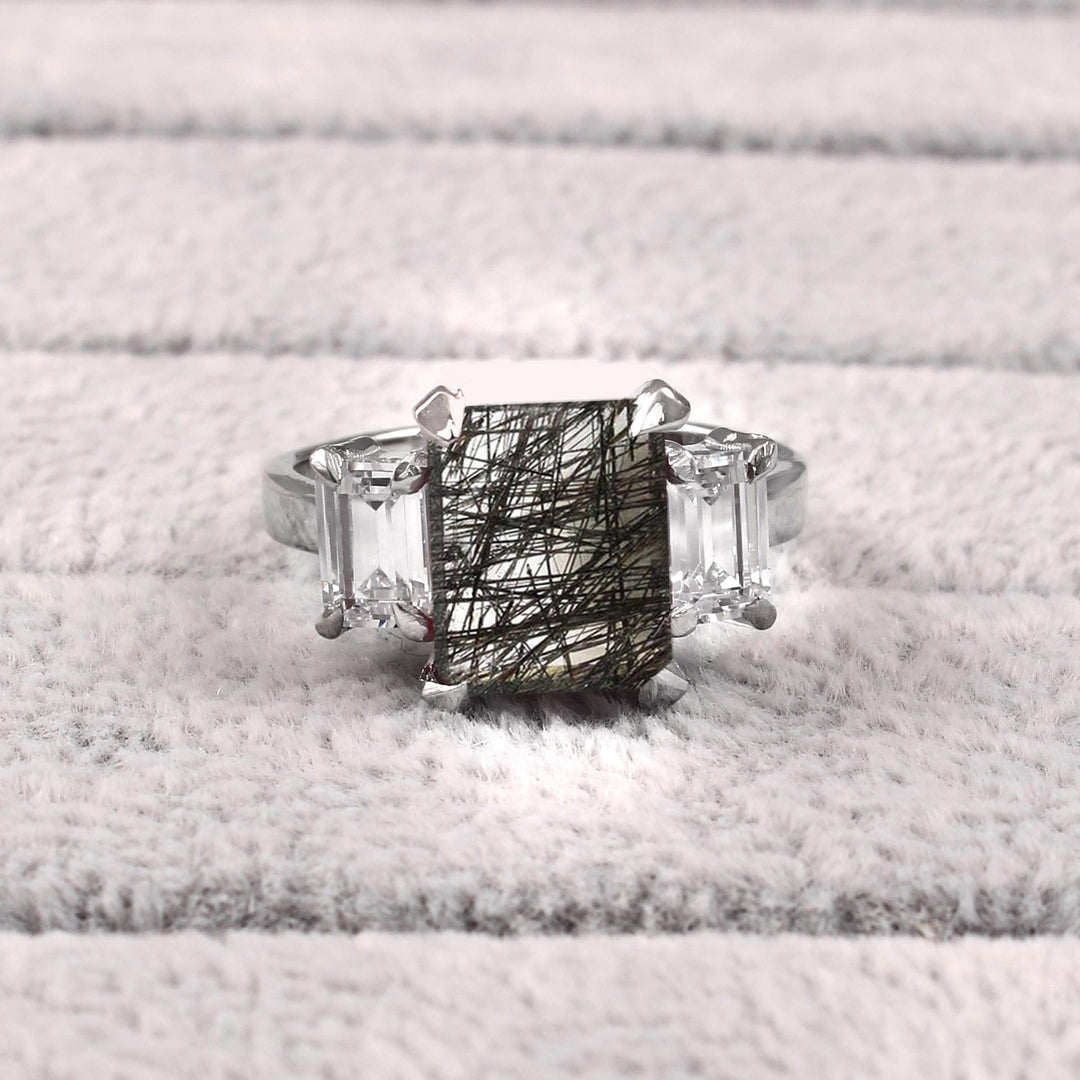 Emerald Cut Black Rutile Quartz Ring: Sterling Silver Solitaire