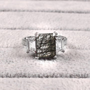 Emerald Cut Black Rutile Quartz Ring: Sterling Silver Solitaire