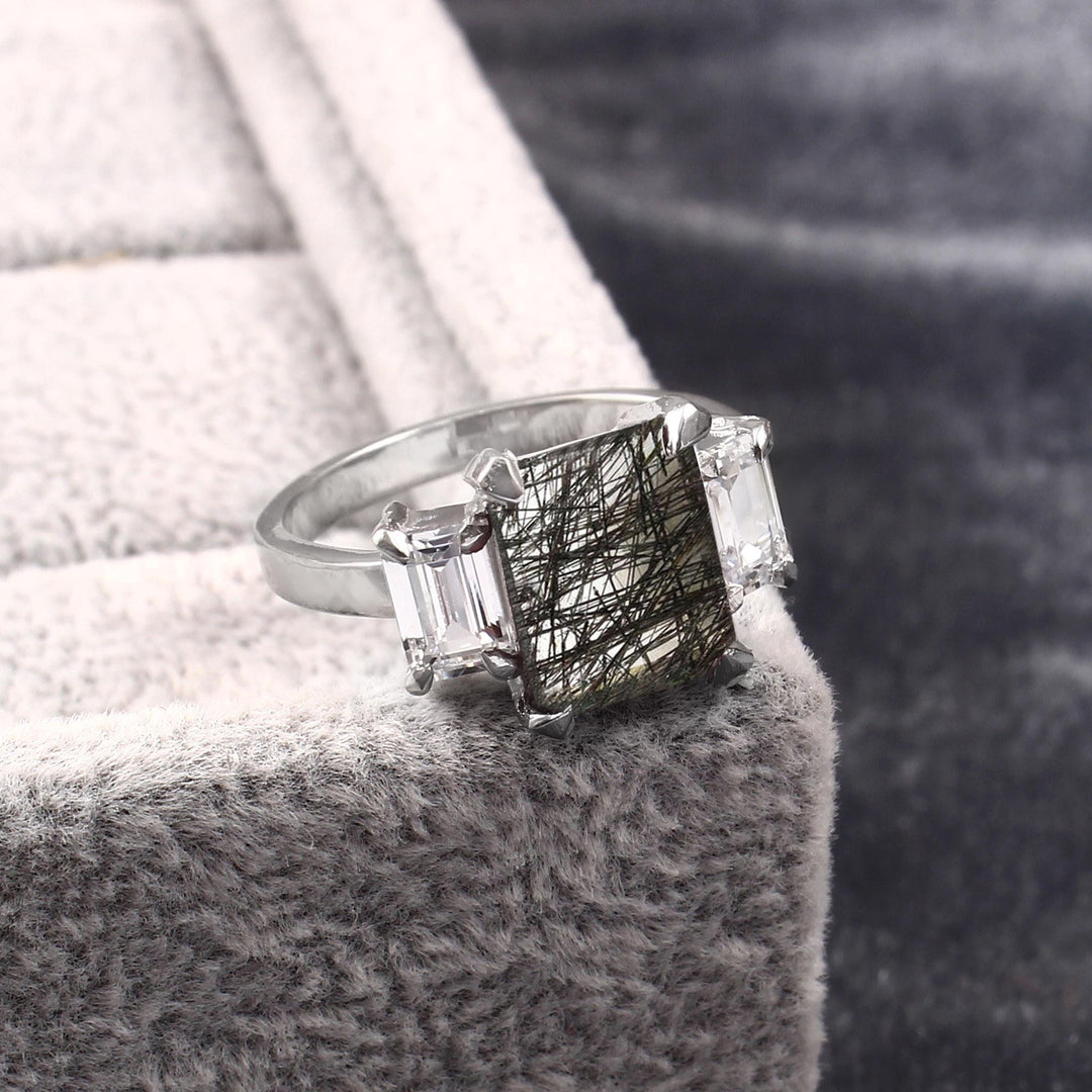 Emerald Cut Black Rutile Quartz Ring: Sterling Silver Solitaire