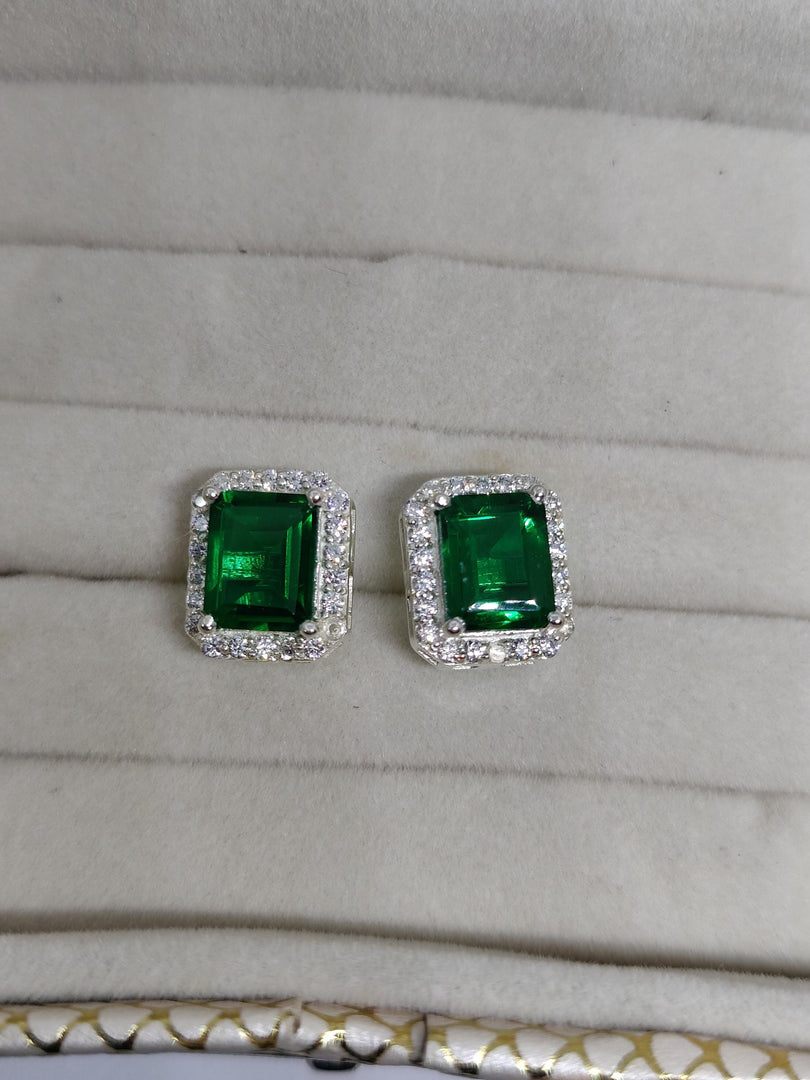 Emerald Stud Earrings, 925 Sterling Silver, Lab Emerald Gemstone, May Birthstone, Minimalist Style