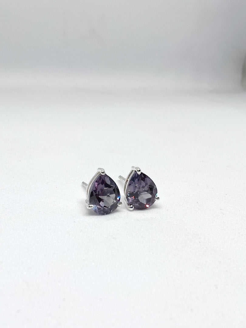 Color-Changing Pear Cut Alexandrite Sterling Silver Stud Earrings, June Birthstone